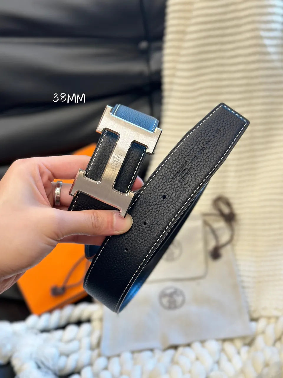 leather Hermes Black Reversible Belt - Hình 3