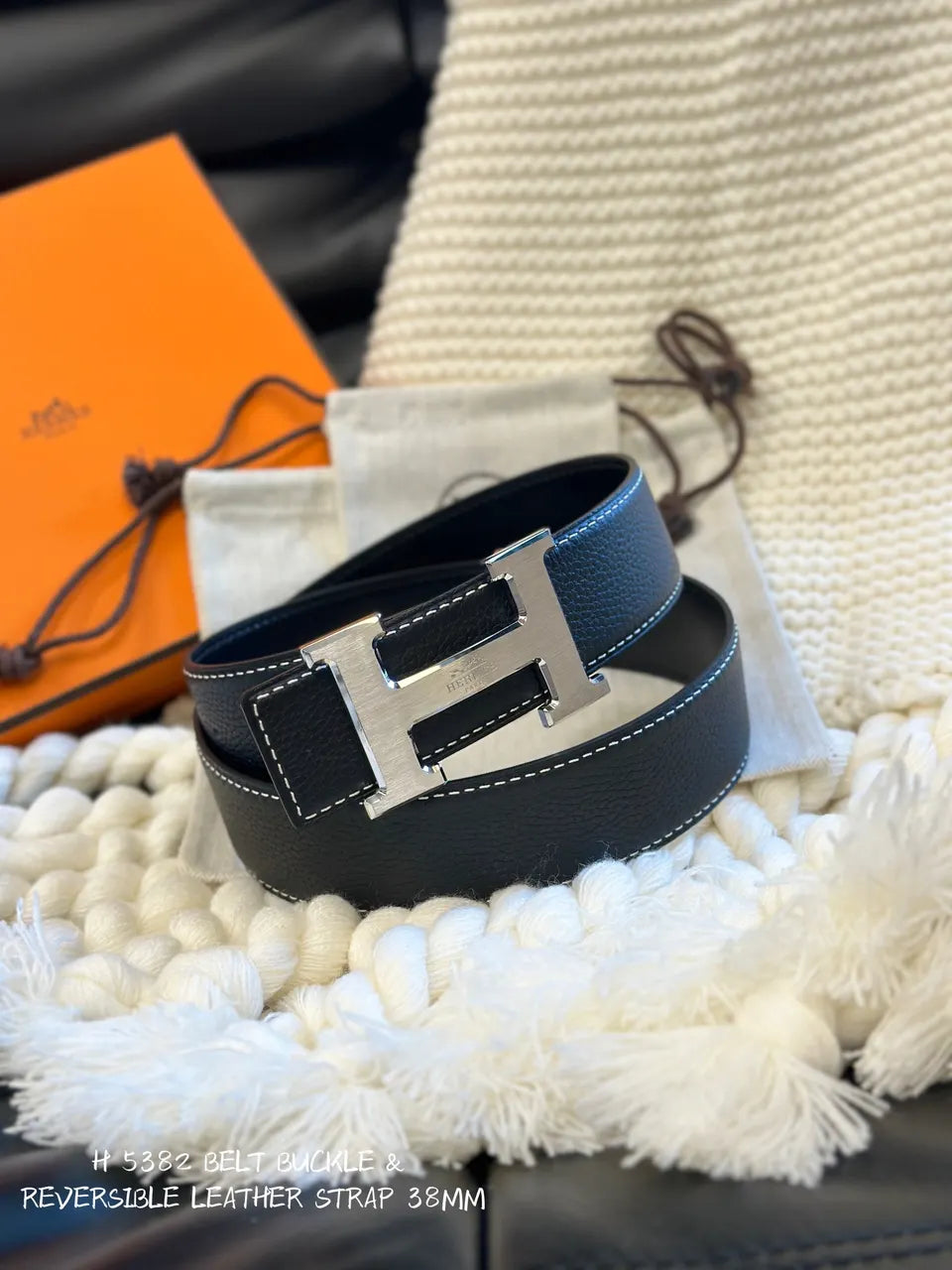 leather Hermes Black Reversible Belt - Hình 2