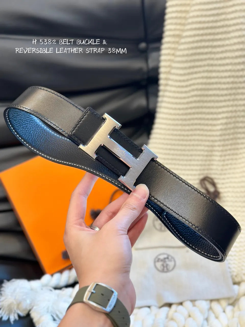 leather Hermes Black Reversible Belt - Hình 4