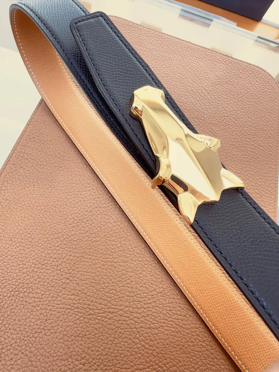 Wolf Head Buckle Black Leather Belt - Hình 4