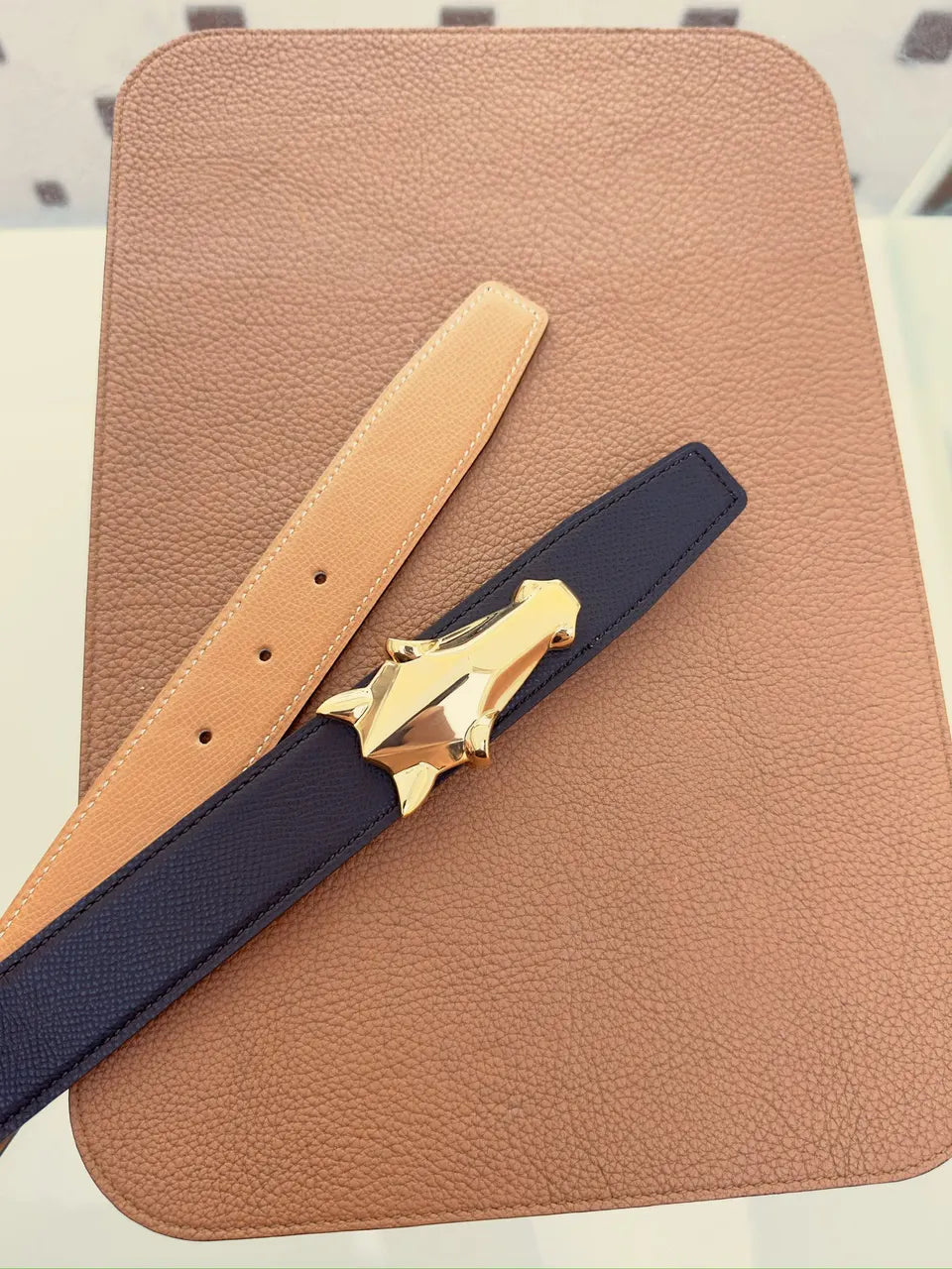 Wolf Head Buckle Black Leather Belt - Hình 2