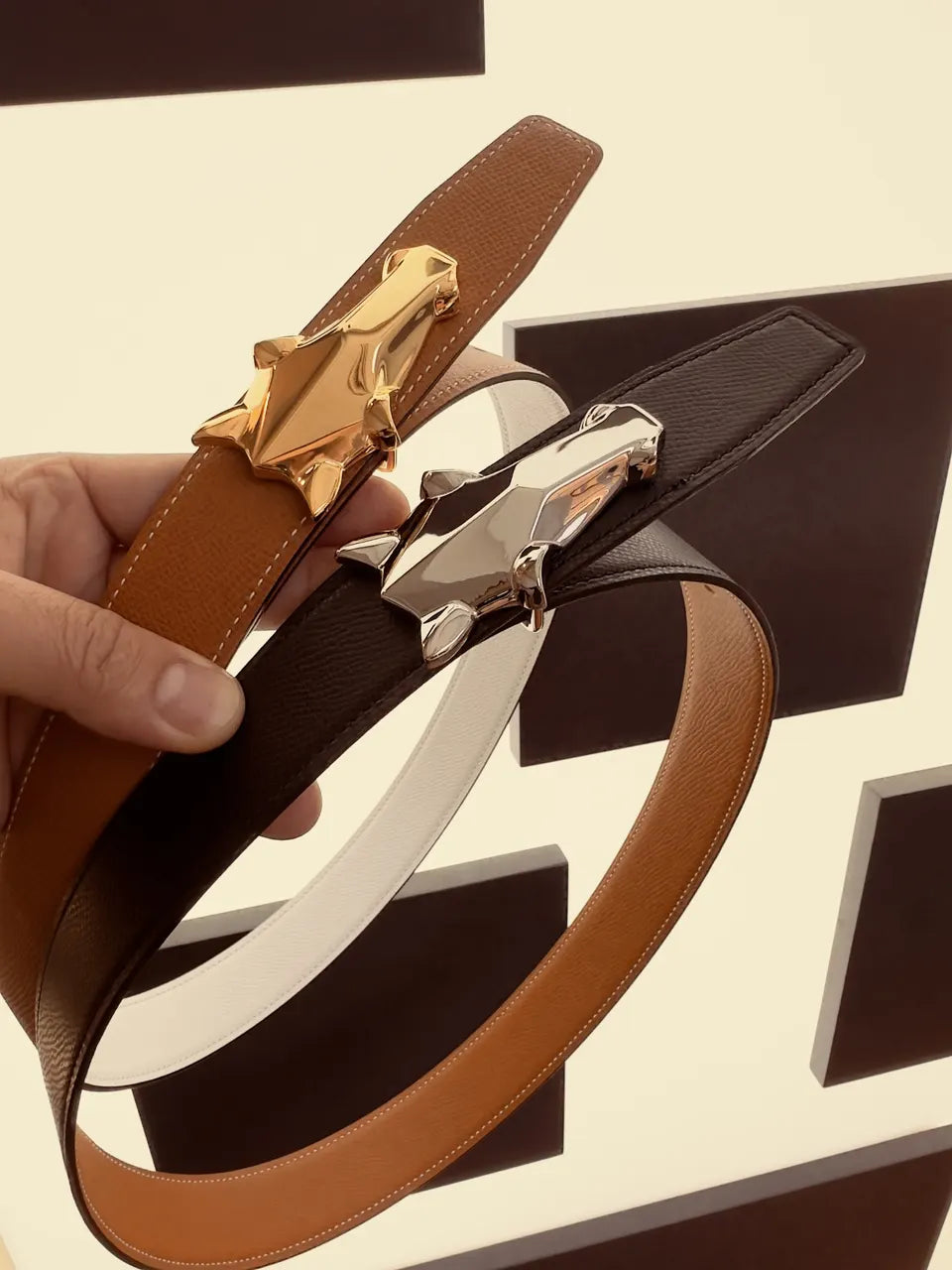 Wolf Head Buckle Black Leather Belt - Hình 6