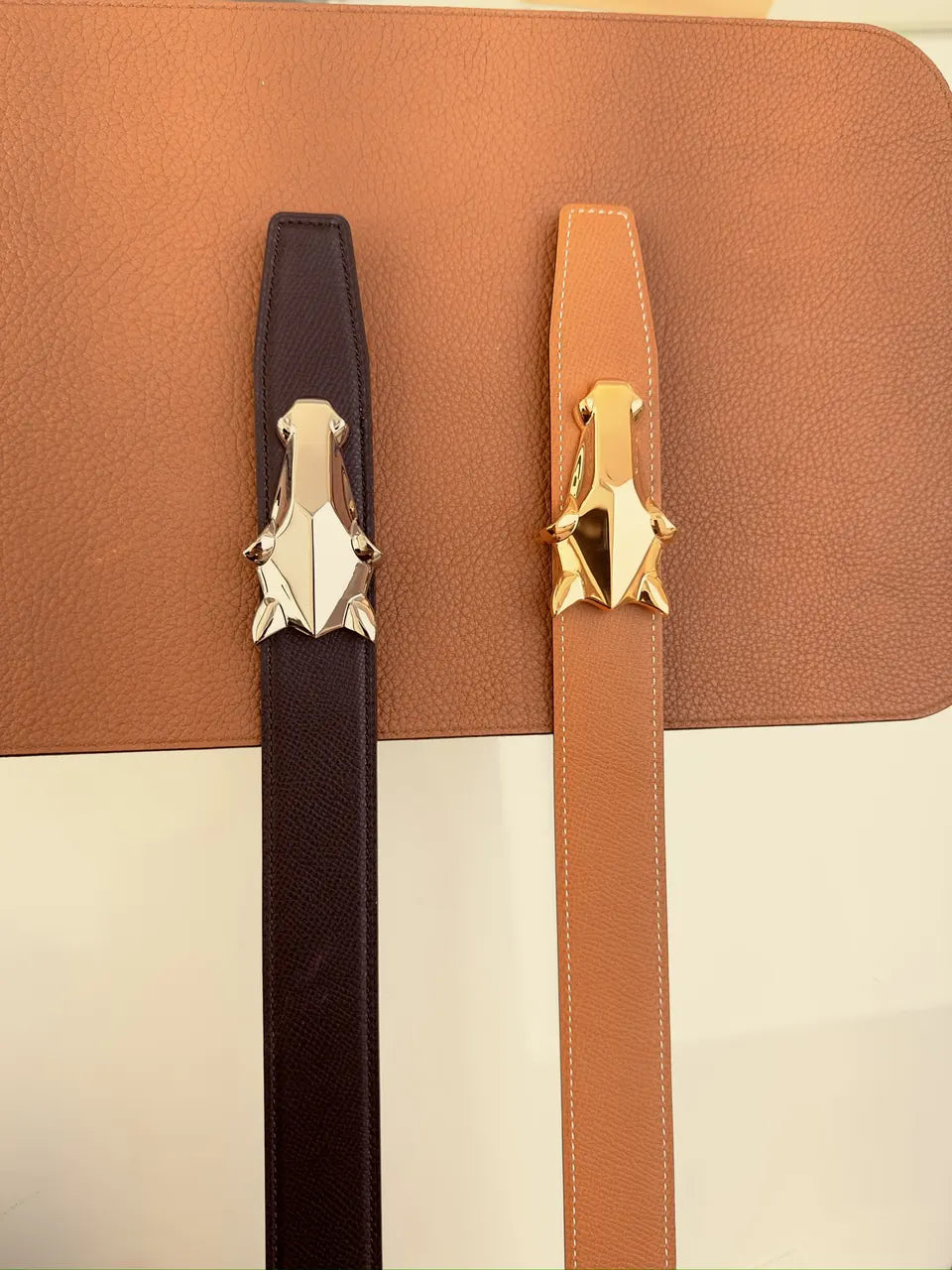 Wolf Head Buckle Black Leather Belt - Hình 5