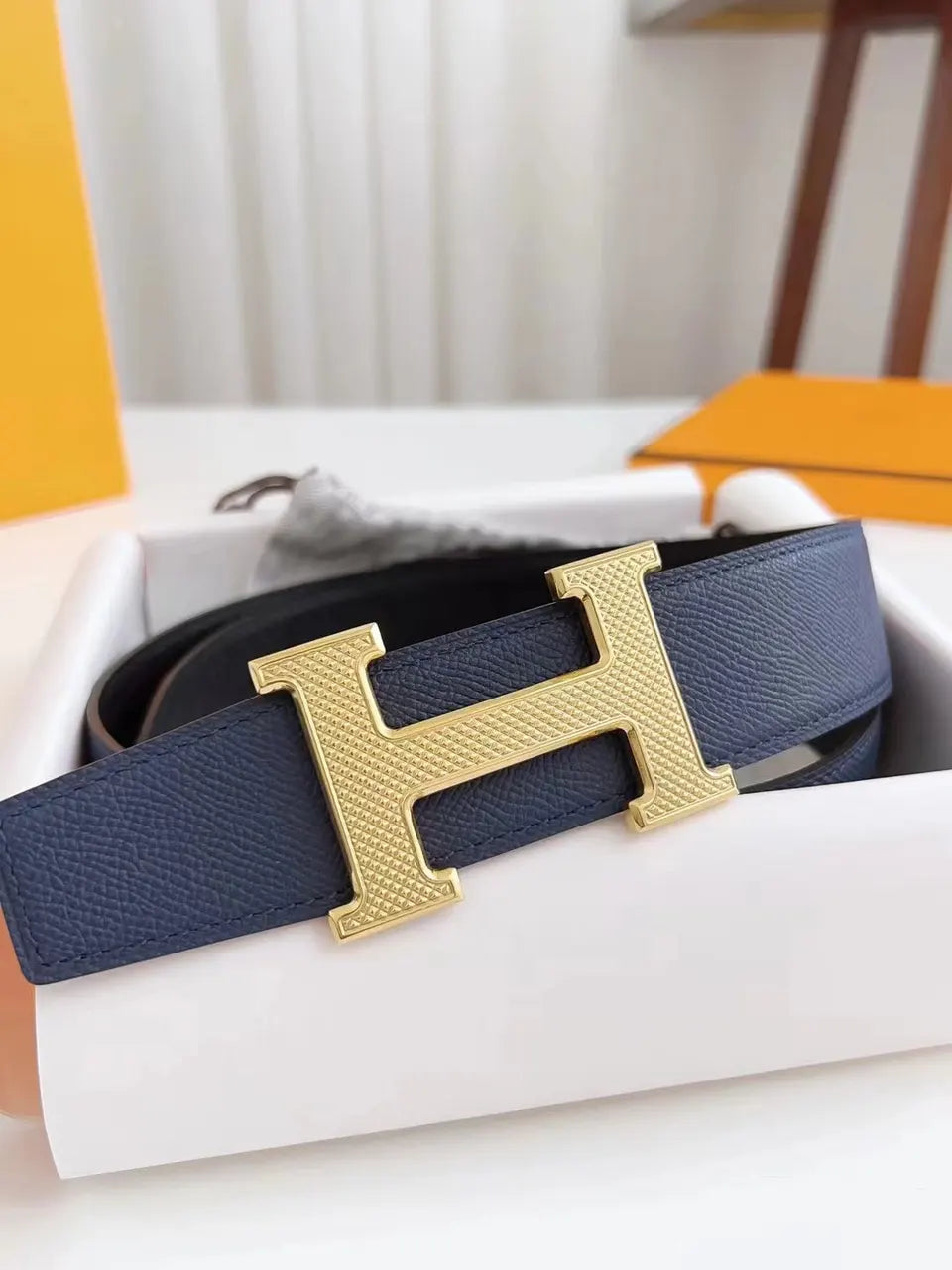 gold buckle Hermes Blue Leather Belt