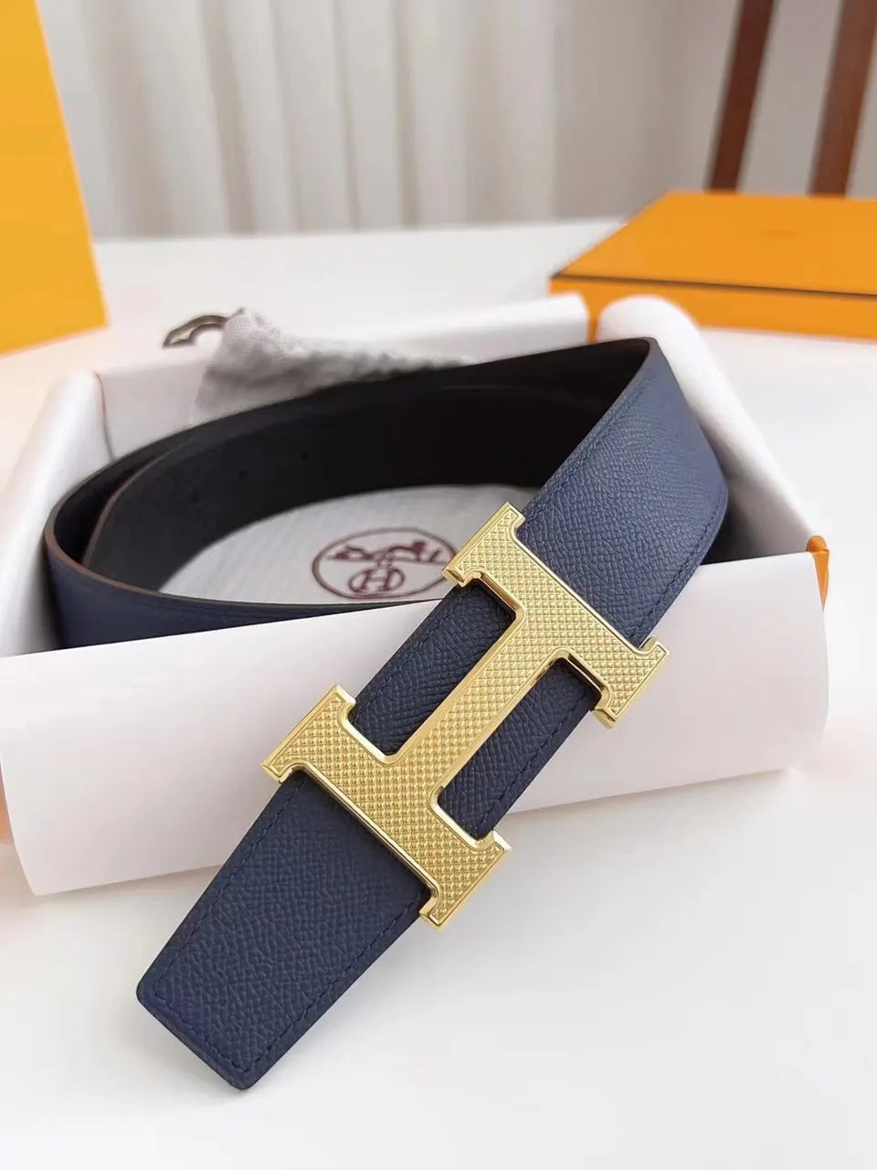 gold buckle Hermes Blue Leather Belt - Hình 2