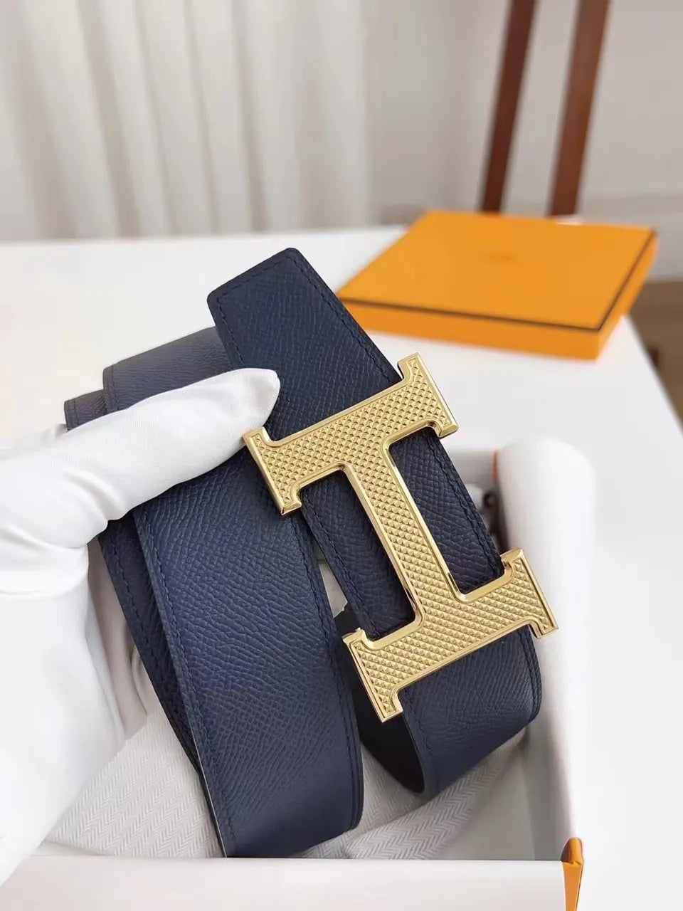 gold buckle Hermes Blue Leather Belt - Hình 3