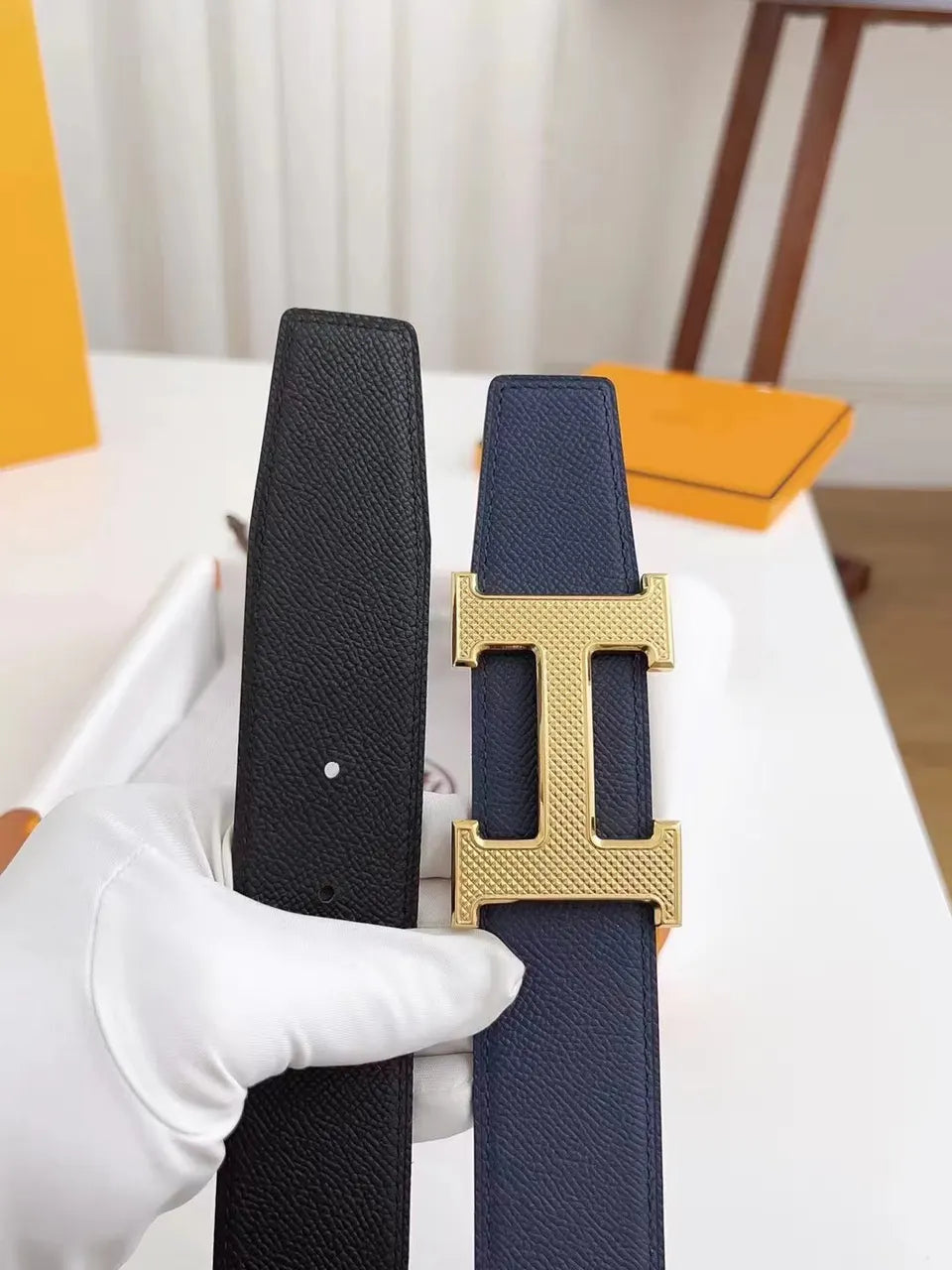 gold buckle Hermes Blue Leather Belt - Hình 6