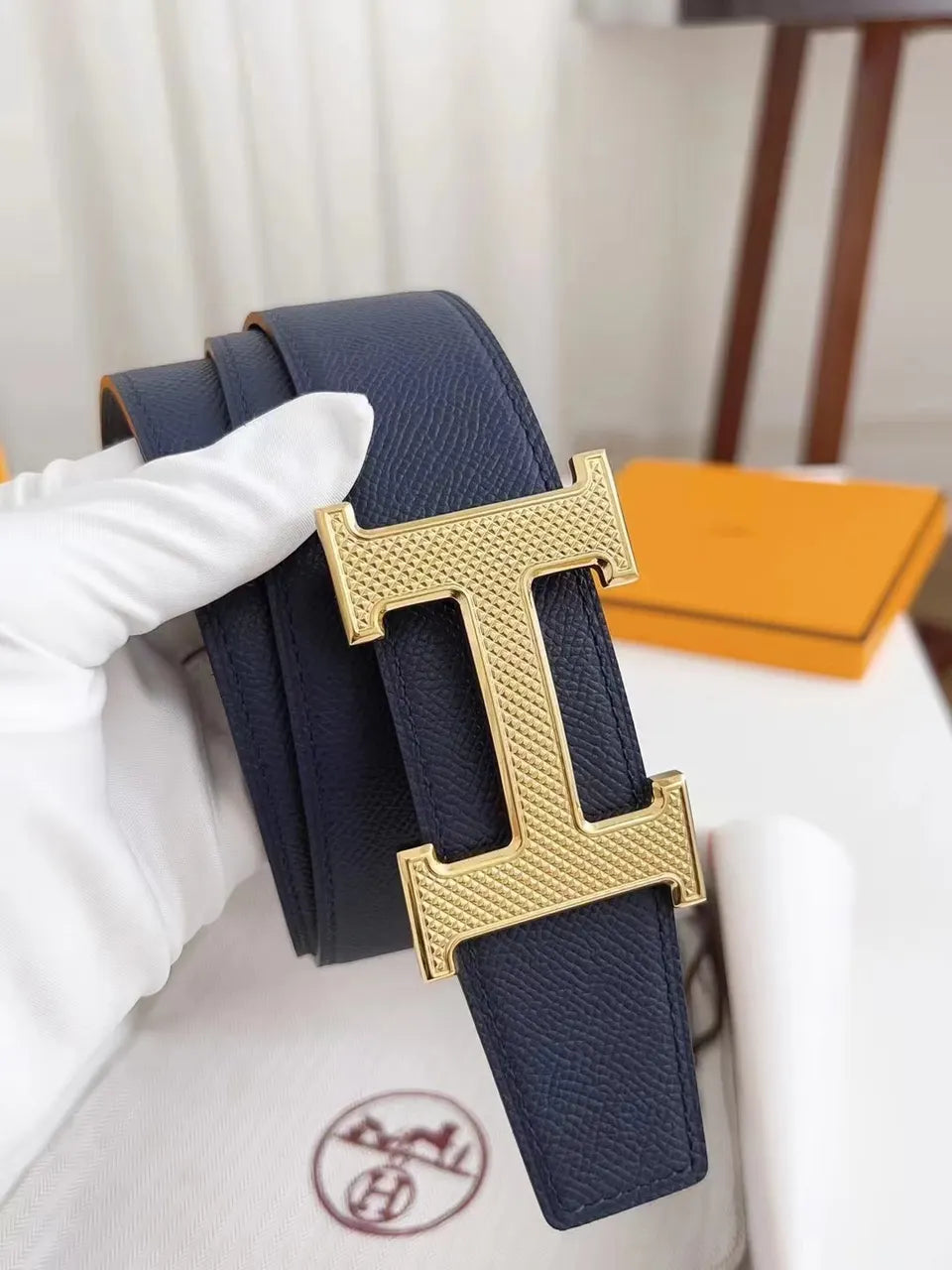gold buckle Hermes Blue Leather Belt - Hình 4