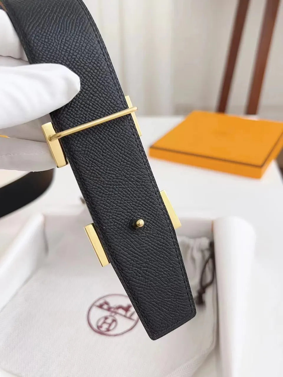 gold buckle Hermes Blue Leather Belt - Hình 5
