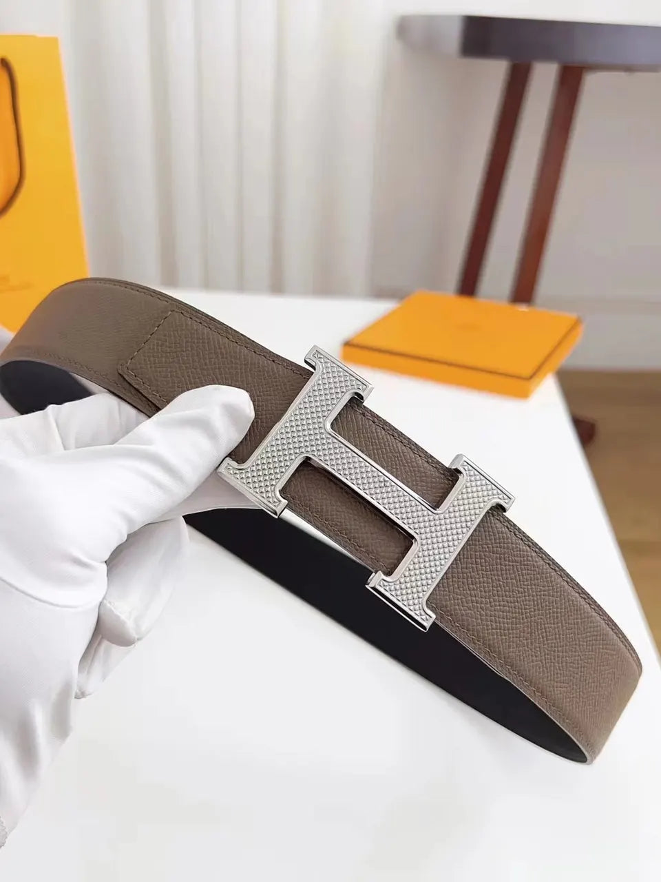 silver textured Hermes Taupe Leather Belt - Hình 6