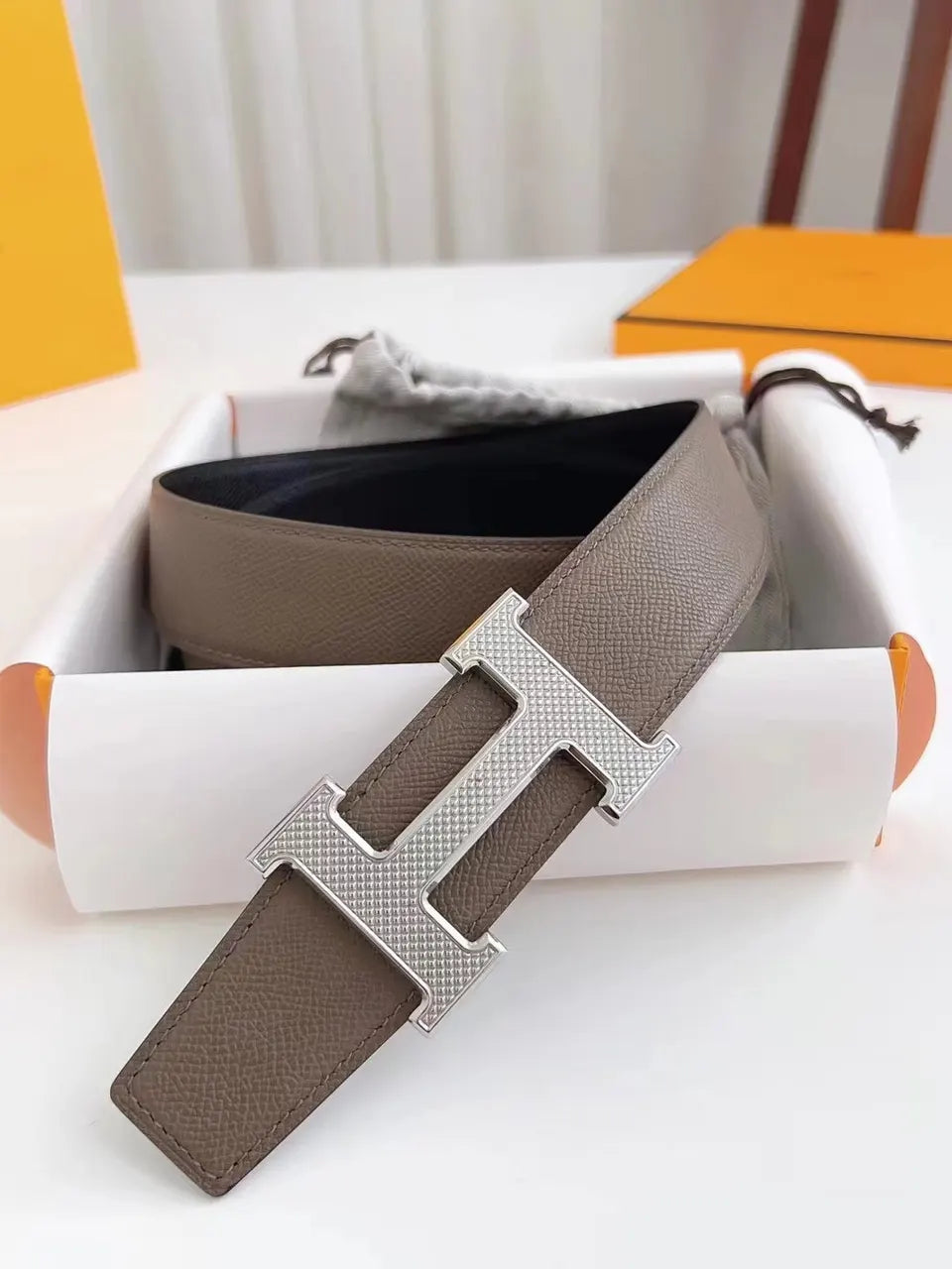 silver textured Hermes Taupe Leather Belt - Hình 2