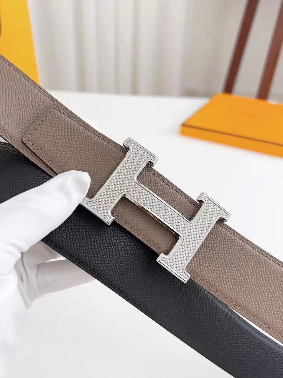 silver textured Hermes Taupe Leather Belt - Hình 7