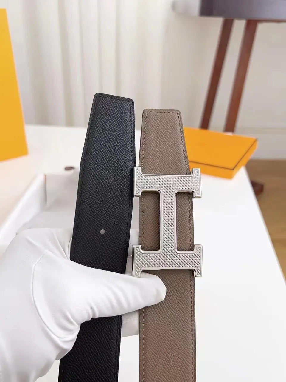 silver textured Hermes Taupe Leather Belt - Hình 5
