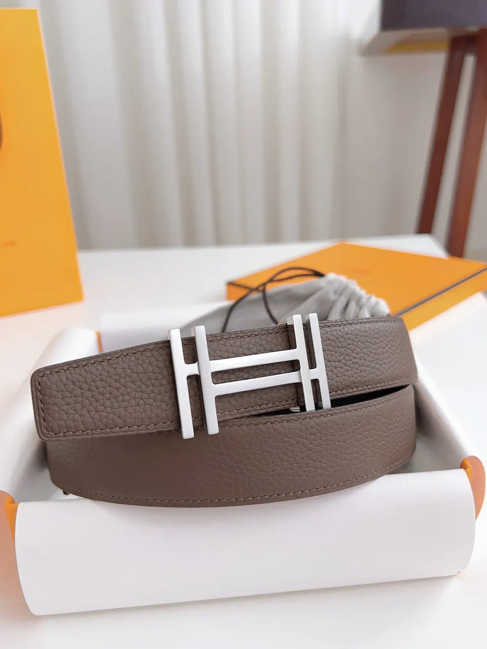 Hermes Taupe Leather Belt silver buckle
