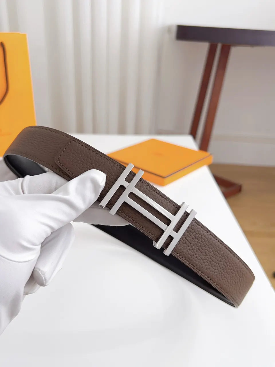 Hermes Taupe Leather Belt silver buckle - Hình 8