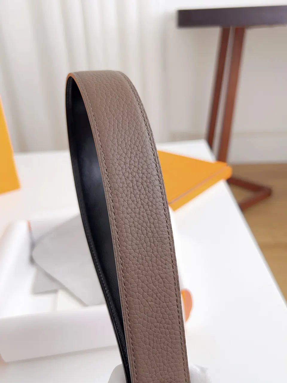 Hermes Taupe Leather Belt silver buckle - Hình 6