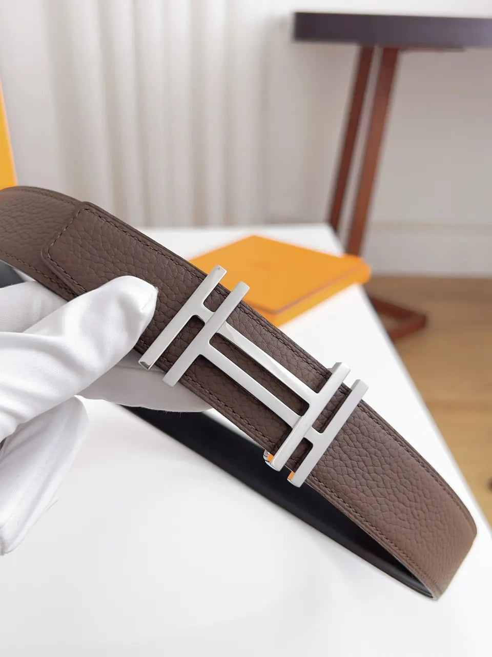 Hermes Taupe Leather Belt silver buckle - Hình 9