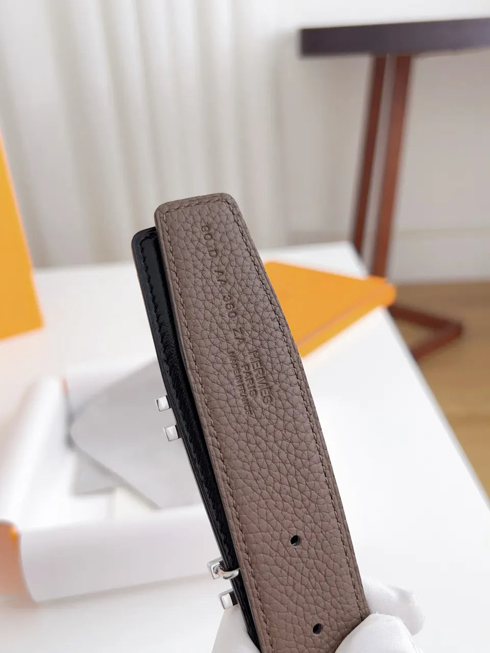 Hermes Taupe Leather Belt silver buckle - Hình 7