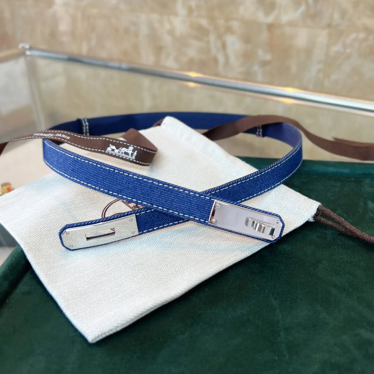 silver Hermes Blue Denim Belt - Hình 2