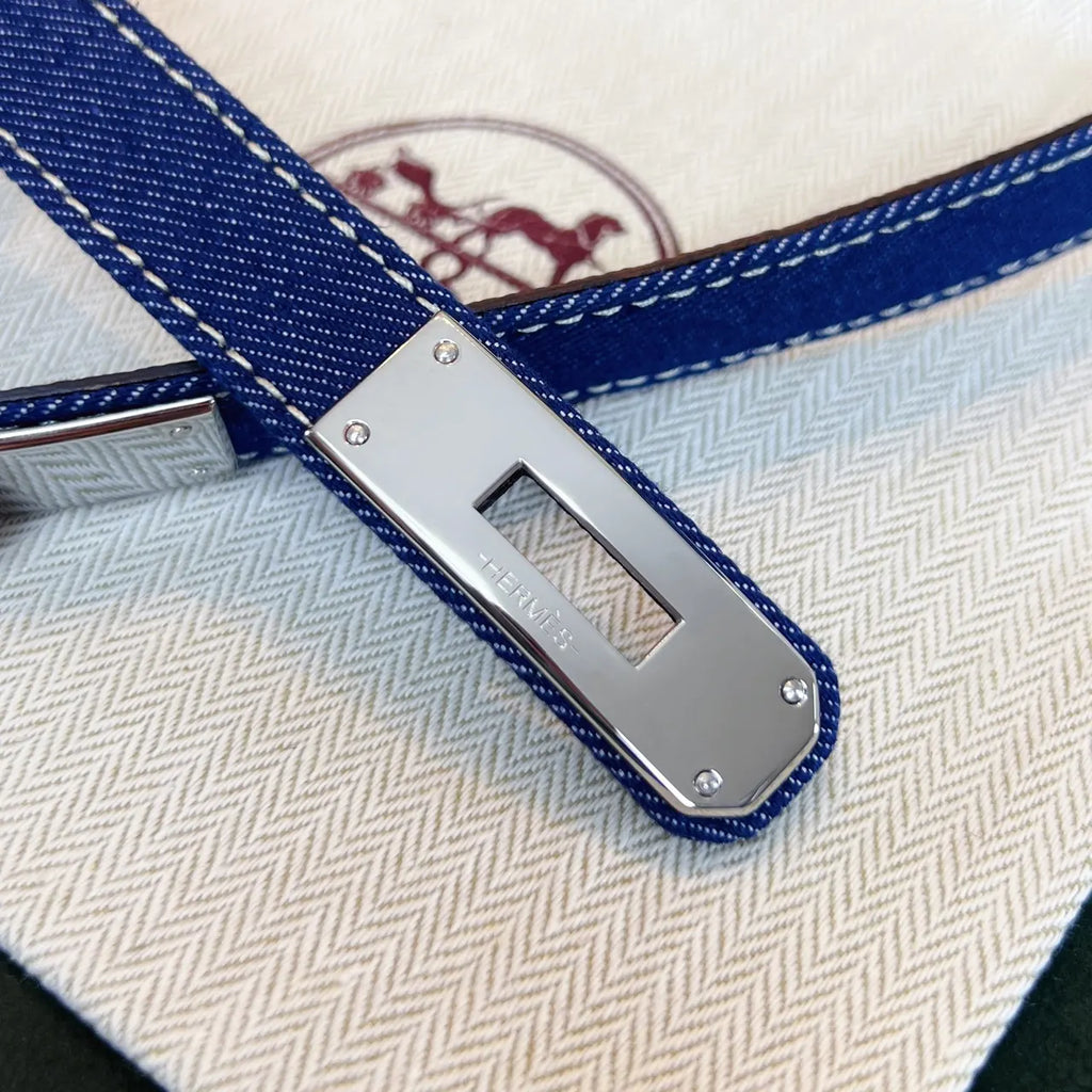 silver Hermes Blue Denim Belt - Hình 5