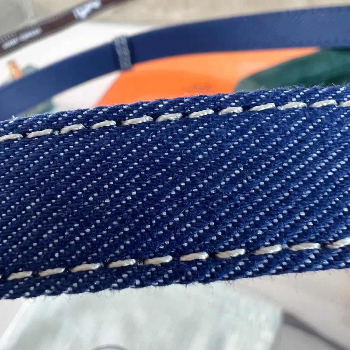 silver Hermes Blue Denim Belt - Hình 8
