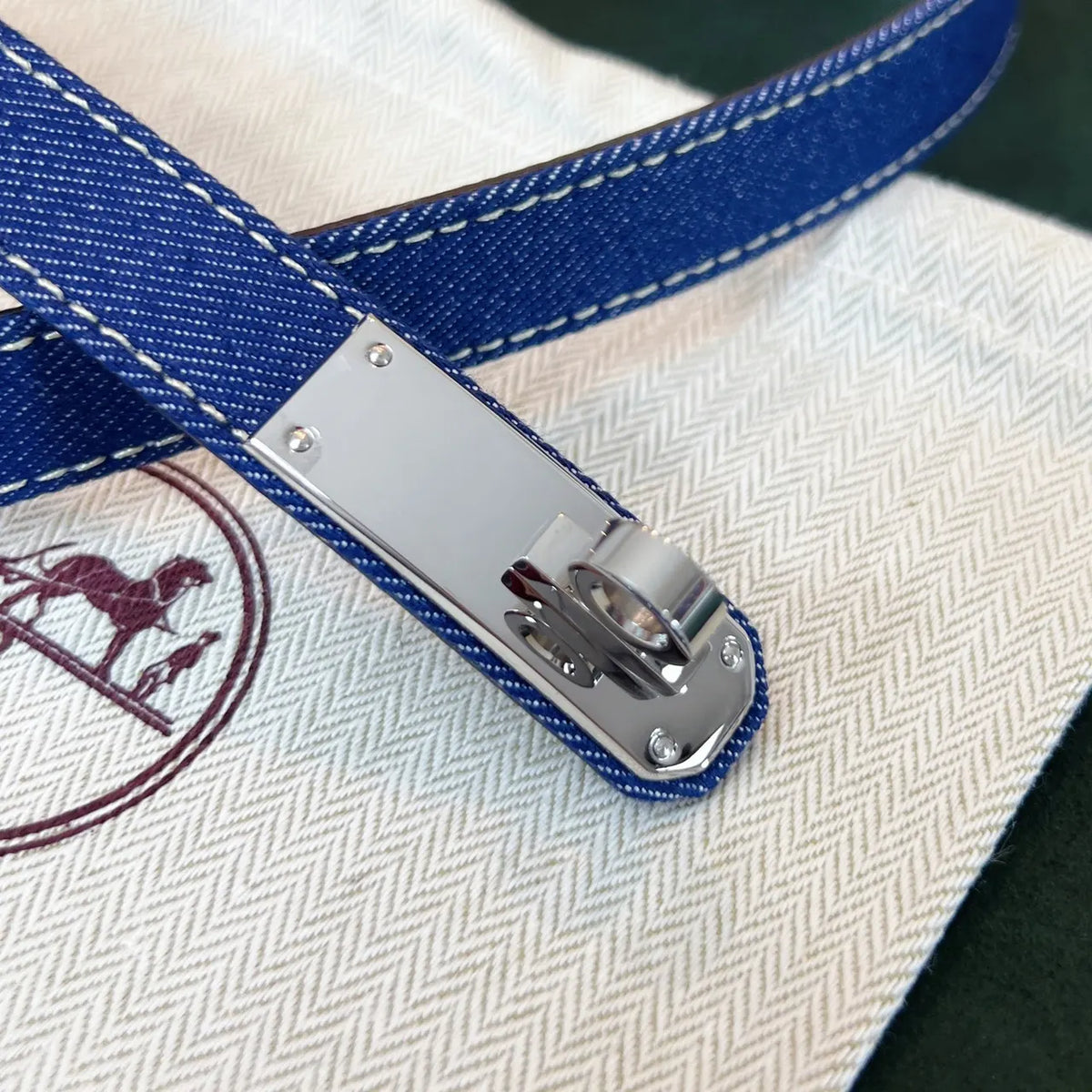 silver Hermes Blue Denim Belt - Hình 4
