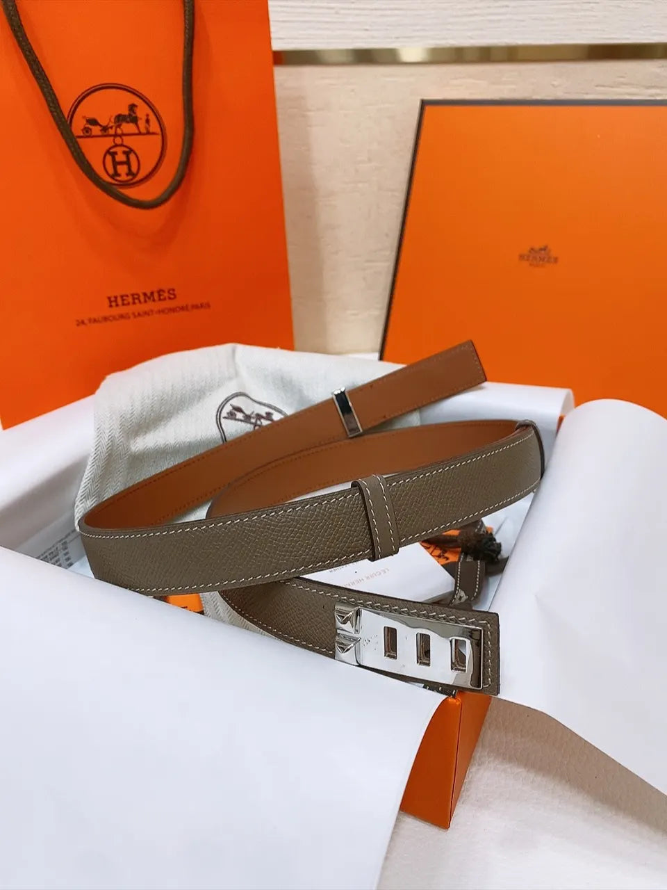 silver Hermes Khaki Leather Belt - Hình 2