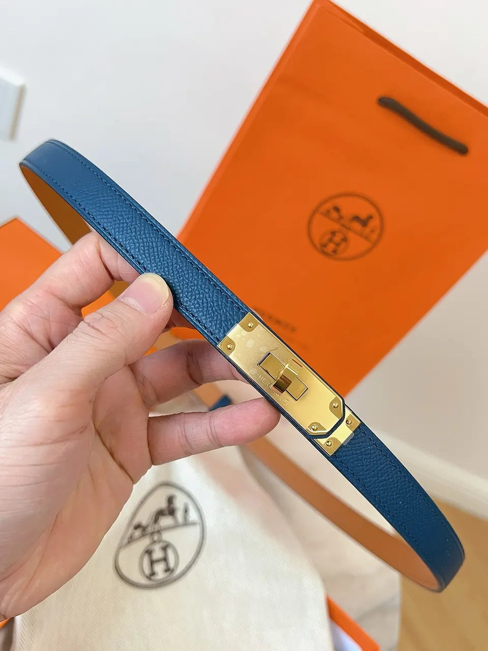 Hermes Blue Leather Kelly Belt