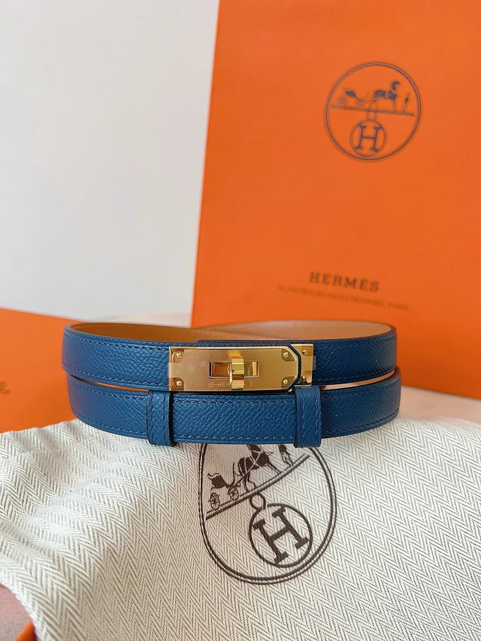 Hermes Blue Leather Kelly Belt - Hình 3