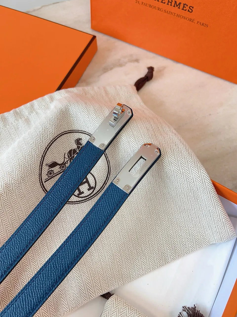 Hermes Blue Leather Kelly Belt - Hình 5