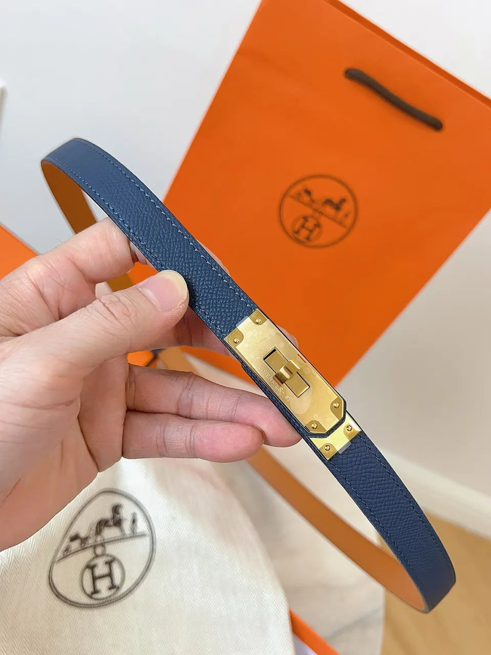 gold Hermes Blue Epsom Leather Belt - Hình 2
