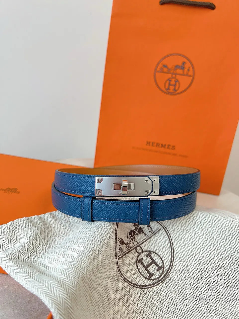 Hermes Blue Leather Kelly Belt - Hình 6
