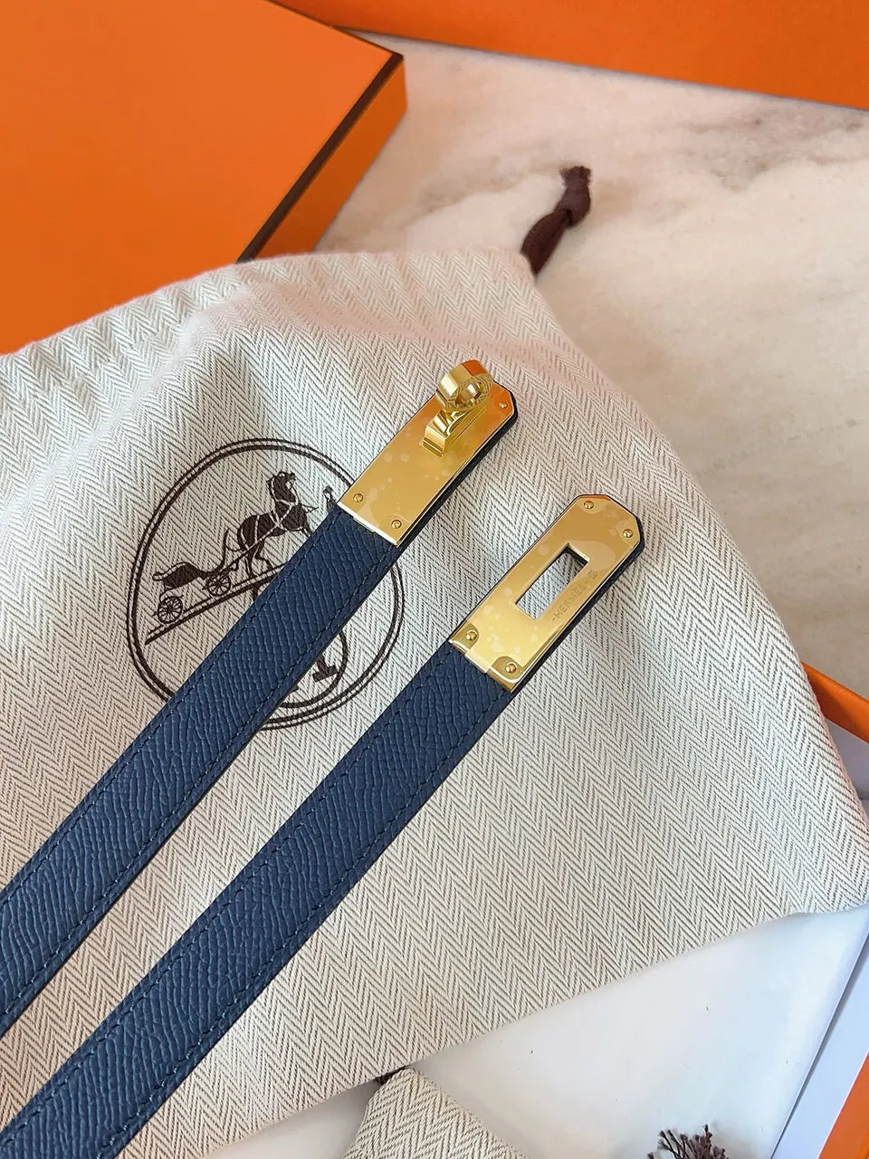 gold Hermes Blue Epsom Leather Belt - Hình 3
