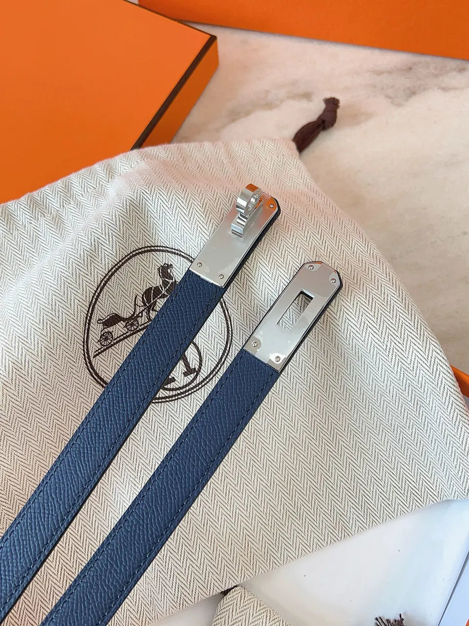 gold Hermes Blue Epsom Leather Belt - Hình 4
