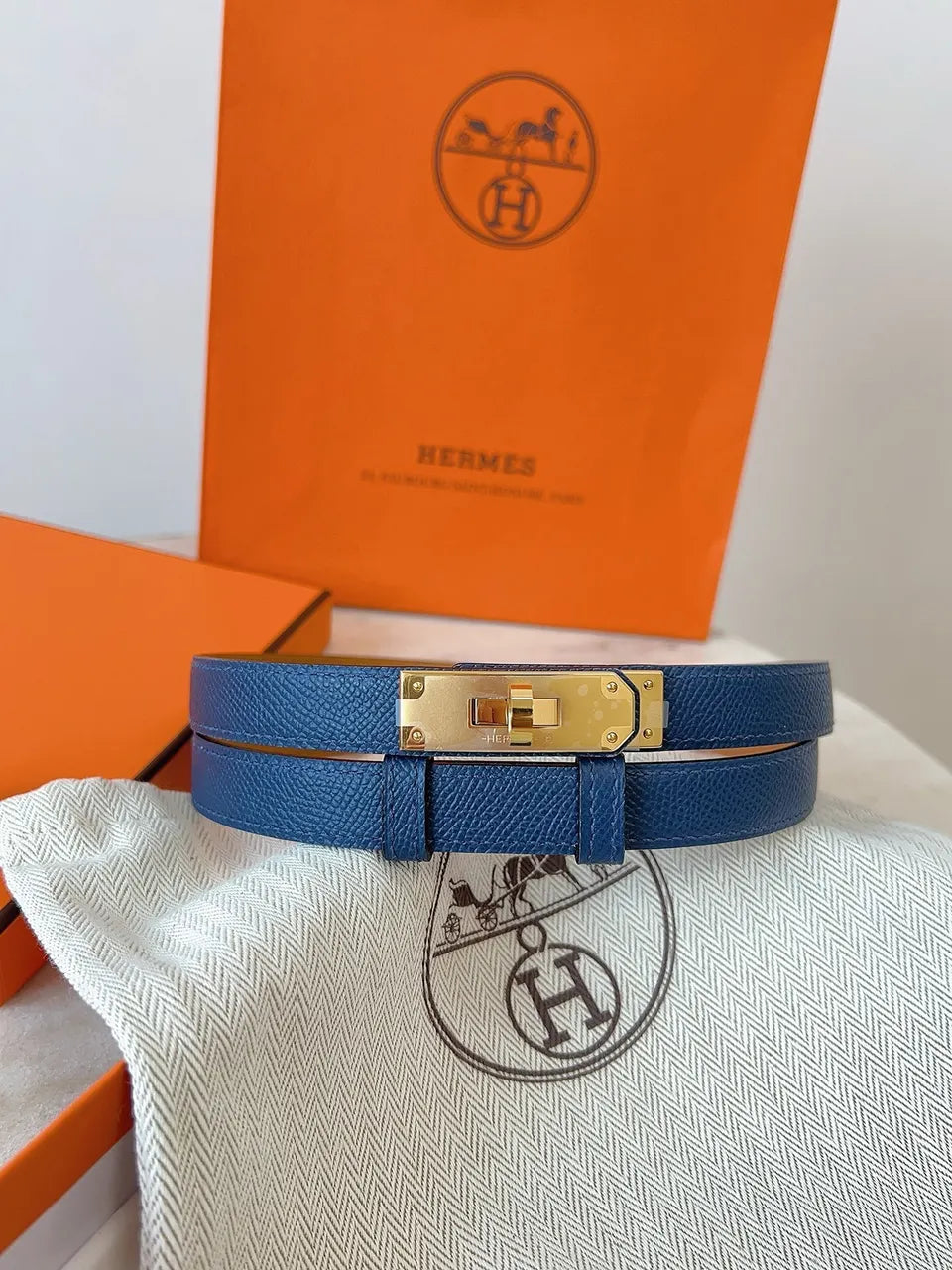 Hermes Sapphire Blue Leather Bracelet