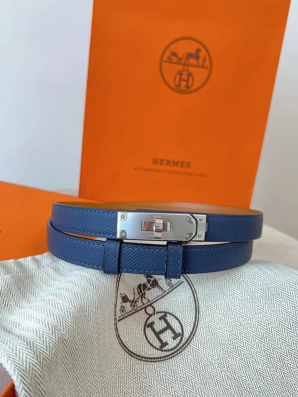 gold Hermes Blue Epsom Leather Belt - Hình 5