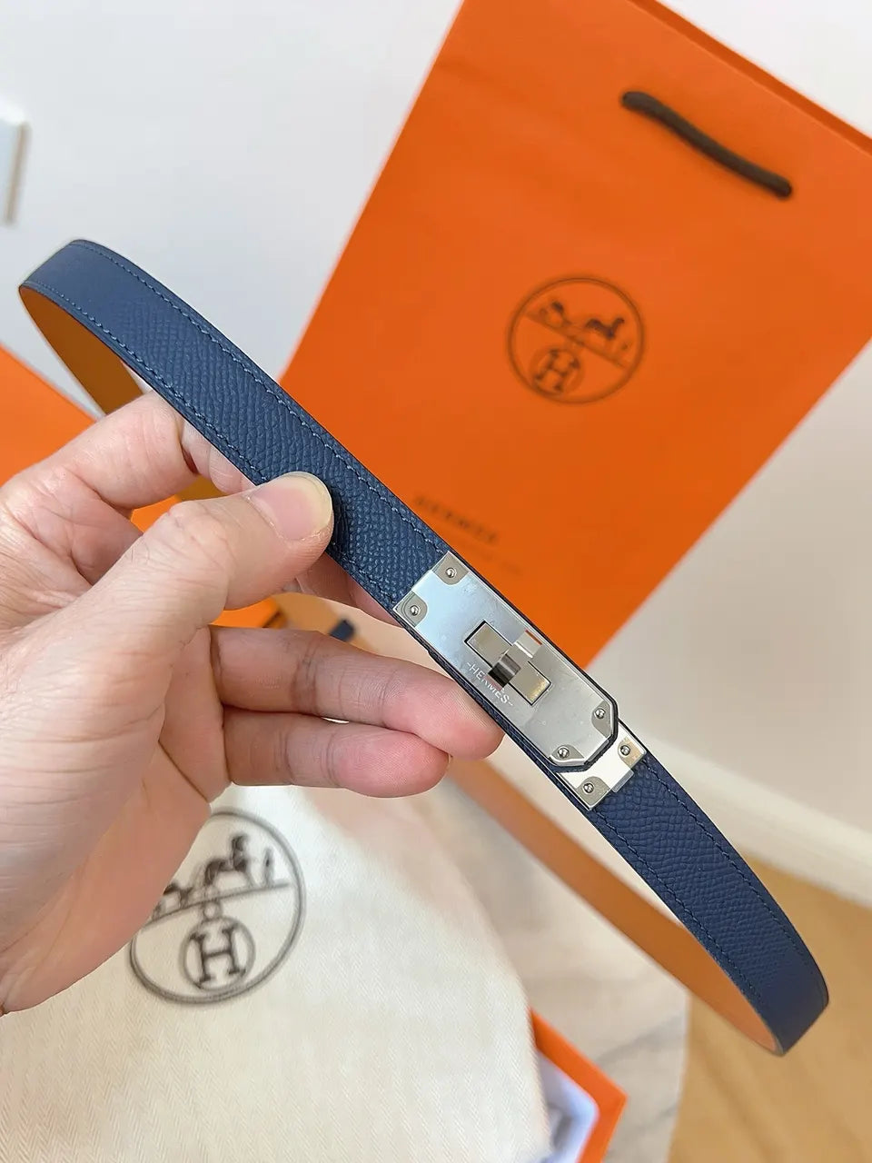 gold Hermes Blue Epsom Leather Belt - Hình 6