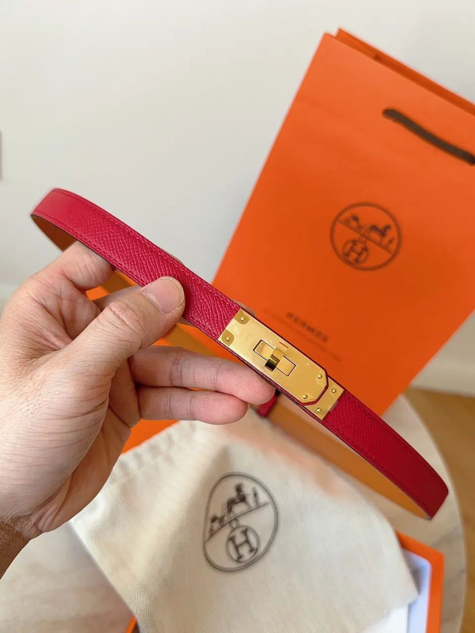 gold Hermes Kelly Red Leather Belt - Hình 2