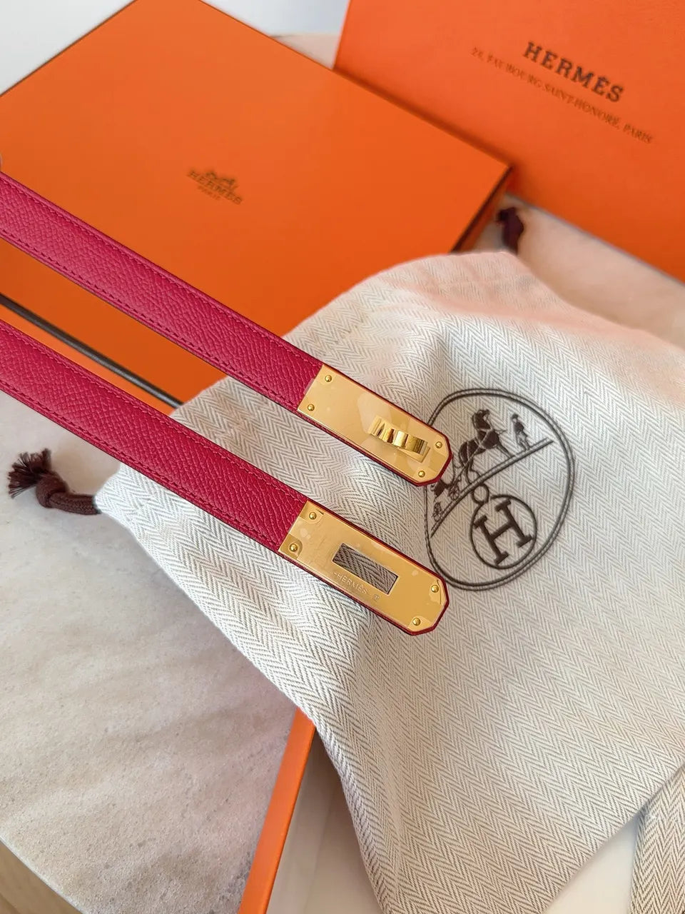 gold Hermes Kelly Red Leather Belt - Hình 3