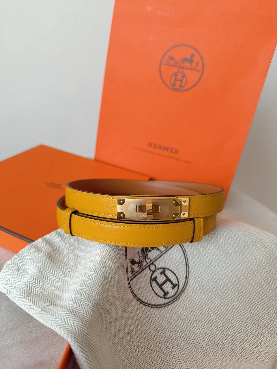 yellow Hermes Gold Kelly Buckle Belt