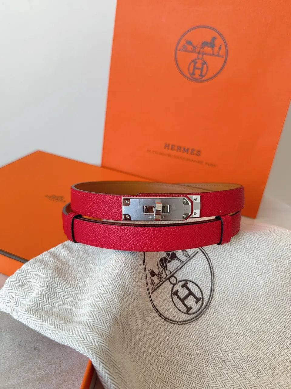 gold Hermes Kelly Red Leather Belt - Hình 5