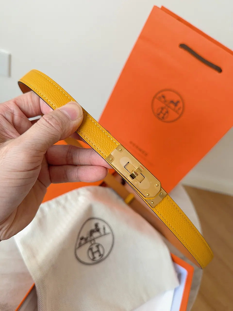 yellow Hermes Gold Kelly Buckle Belt - Hình 2