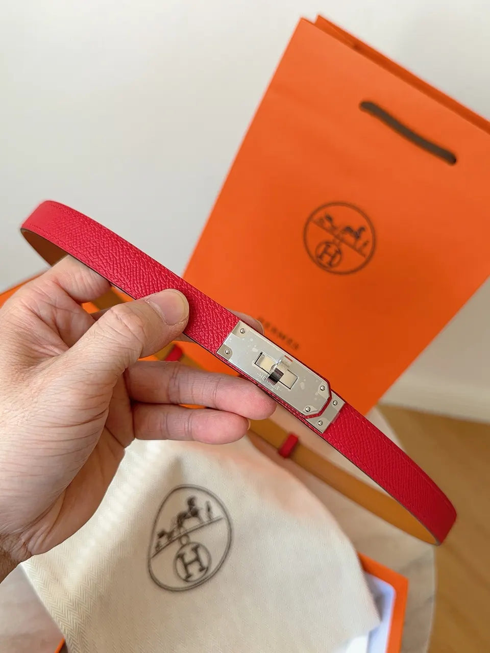 gold Hermes Kelly Red Leather Belt - Hình 6