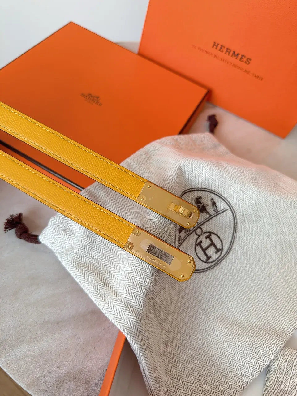 yellow Hermes Gold Kelly Buckle Belt - Hình 3