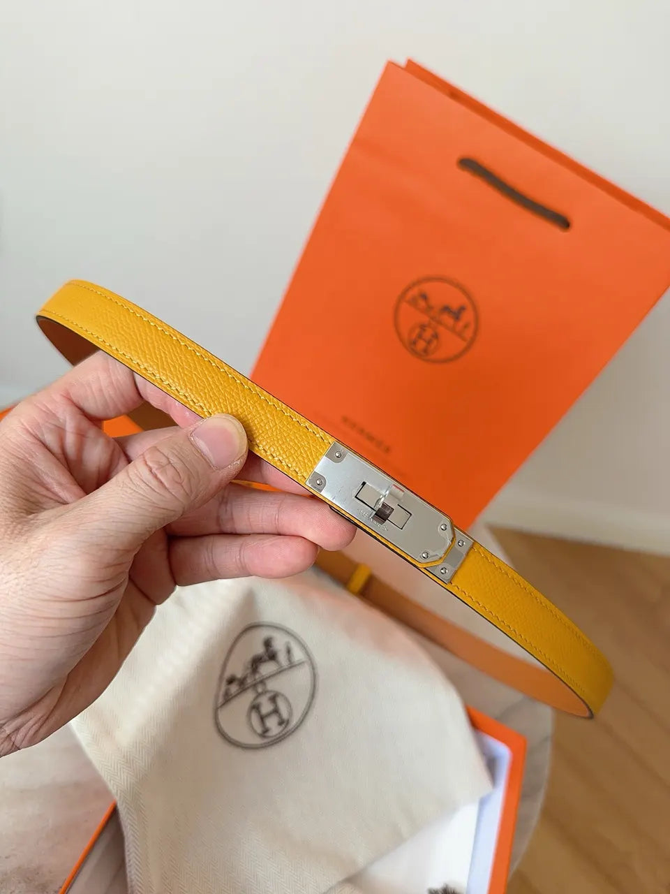 yellow Hermes Gold Kelly Buckle Belt - Hình 5