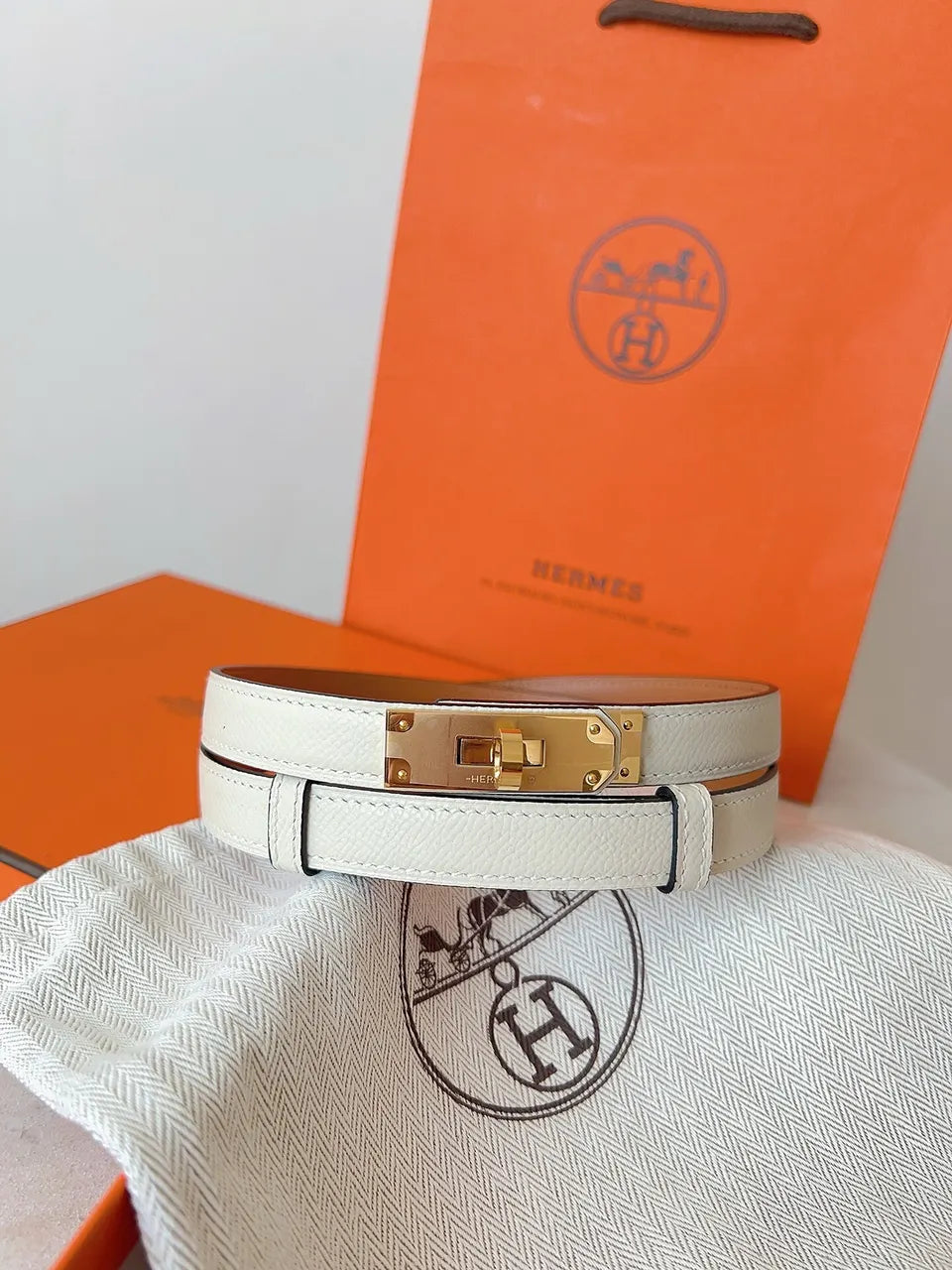 gold Hermes White Epsom Leather Belt