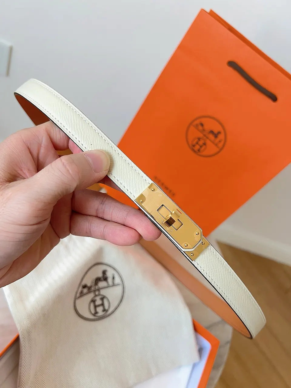 gold Hermes White Epsom Leather Belt - Hình 2