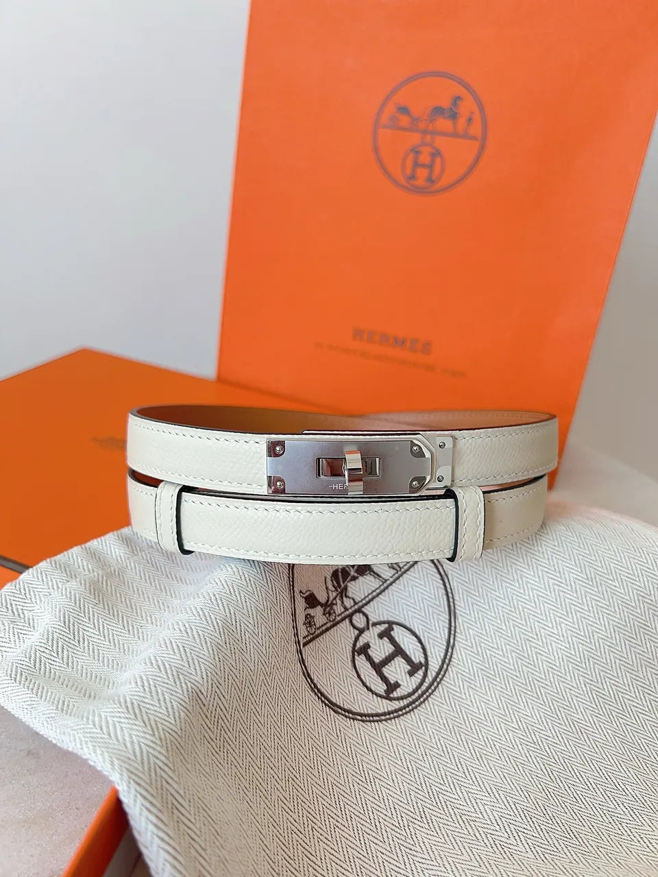 gold Hermes White Epsom Leather Belt - Hình 4