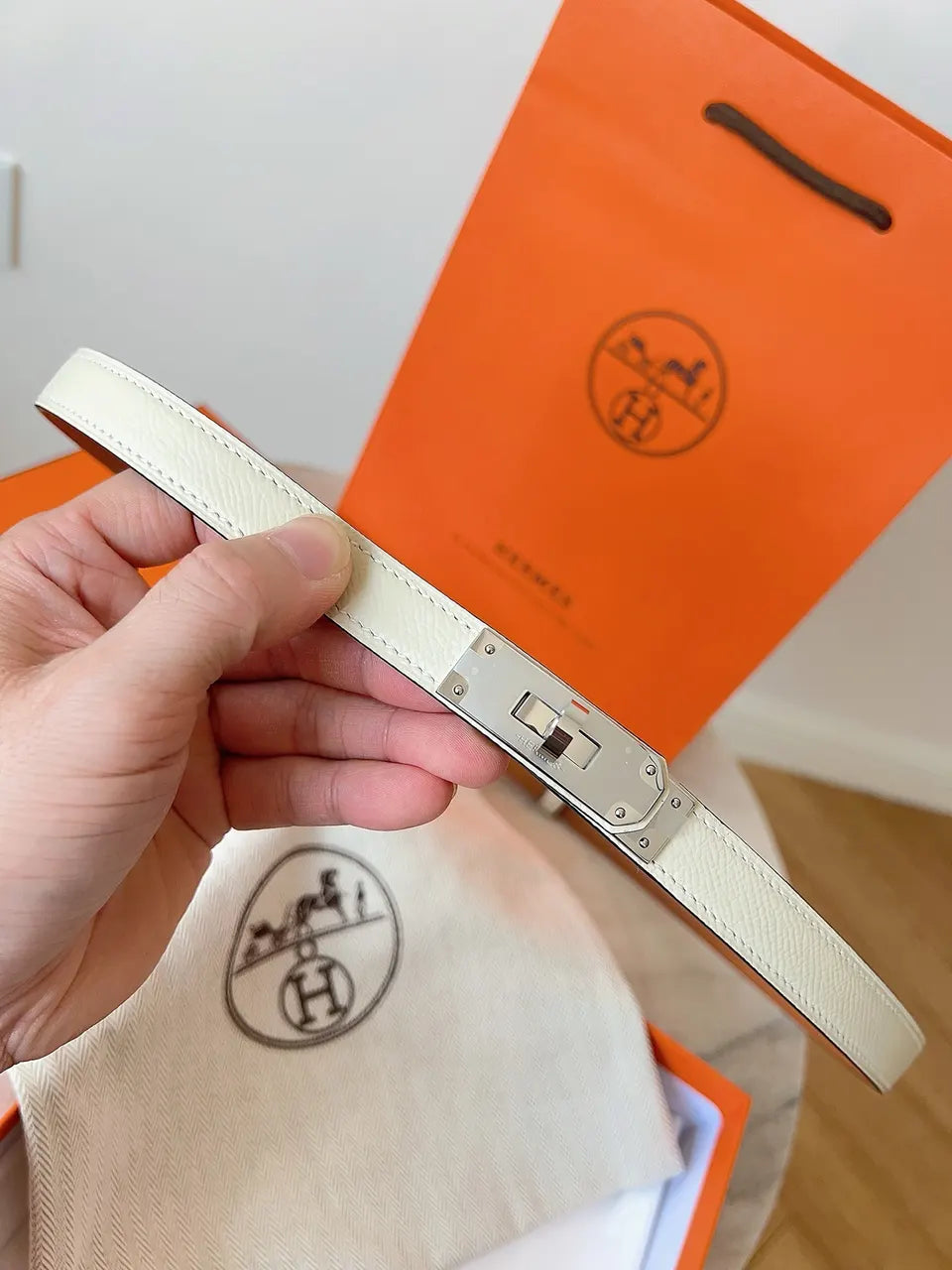 gold Hermes White Epsom Leather Belt - Hình 5