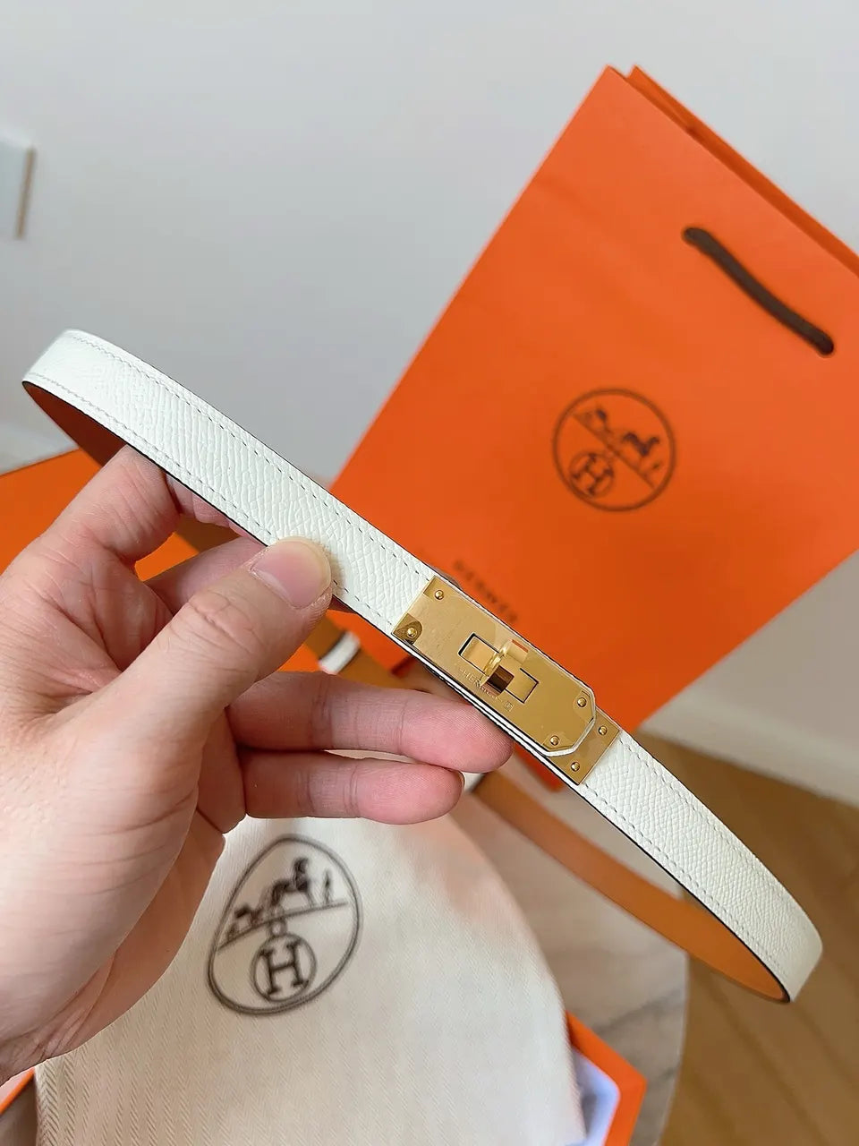 Hermes White Leather Belt gold